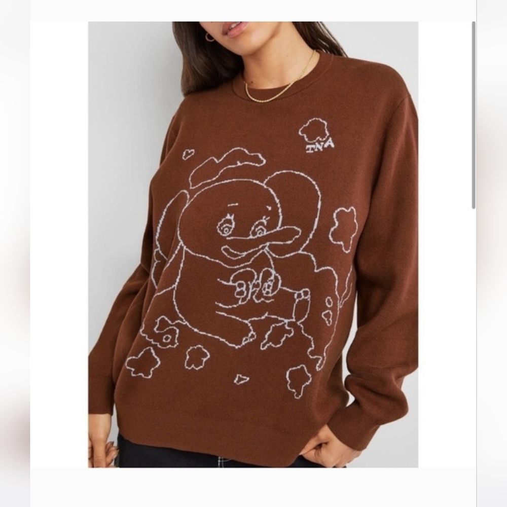 Aritzia TNA Brown Crewneck Sweater with Elephant Graphic